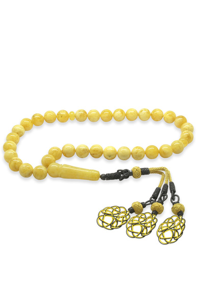 Tesbihane Premium Boxed 1000 Sterling Yellow Kazaz Tasseled Sphere Cut King Seccer White Yellow Drop Amber Prayer Beads