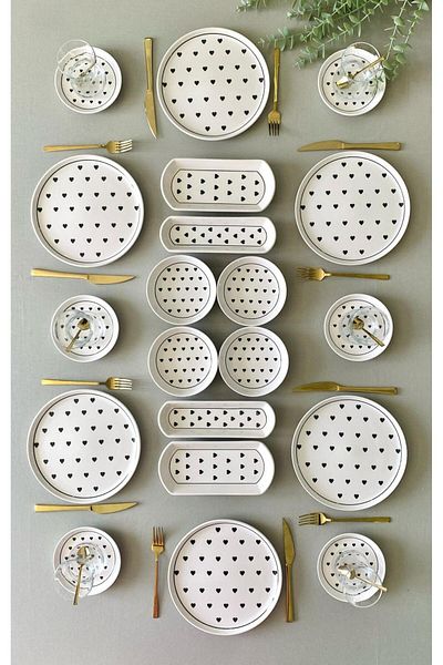 VENÜS HOME DECORATION Black Heart Patterned Breakfast Set for 6 People, 20 Pieces