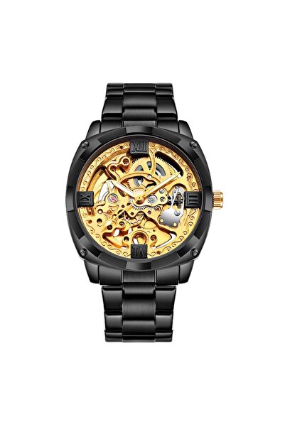 Tessero Ceas de mână schelet rotund, mecanism automat, unisex, Tessero, negru și auriu