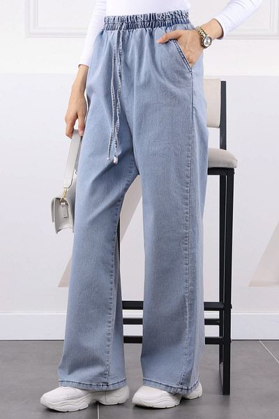 İmajButik Ice Blue Casual Palazzo Jeans with Elastic Waist