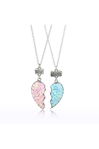 Tessero Set of two necklaces with pendants for friends, BFF, heart-shaped, silver color