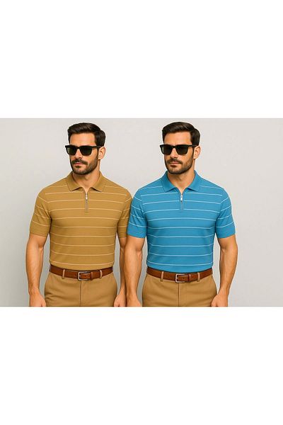 LC Waikiki Half Zipper Knitwear Horizontal Line Pattern Men's Polo Neck T-Shirt Pack of 2