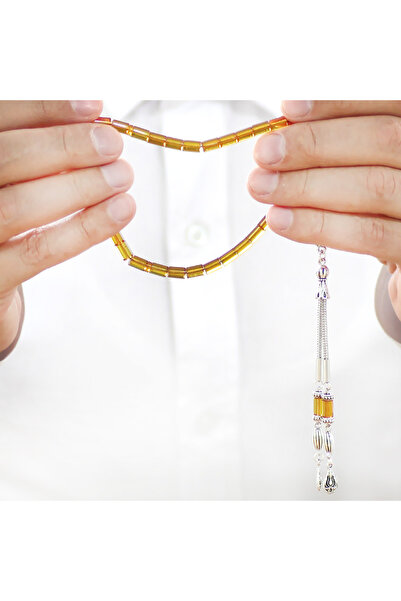 Tesbihane Non-Tarnish Metal 2-Piece Whip Tassel Cut Cut Wrist Length Soft Yellow Fire Amber Prayer Beads