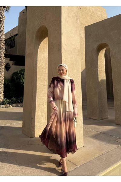 Rabia Ateş Golden Tested Skirt Suit with Plum