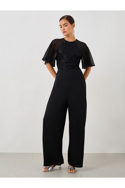 Styli Embellished Flutter Sleeve Wide Leg Jumpsuit