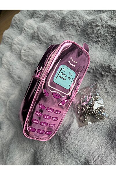 ZephiaStore Pembe Tuşlu Telefon Tasarımlı Zincirli Çanta Parlak Açık Pembe