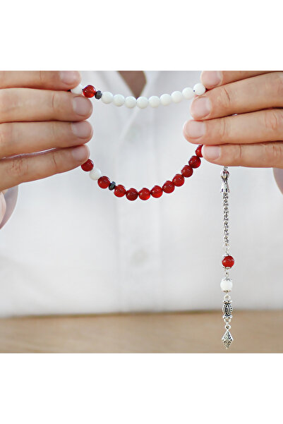 Tesbihane Non-Tarnish Metal Albanian Tassel Sphere Cut Red White Jade Agate Natural Stone Fan Prayer Beads M2