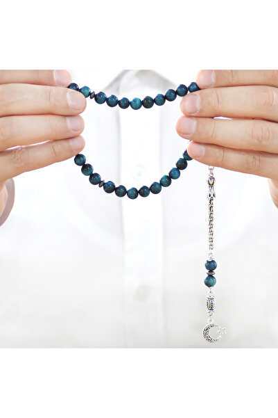 Tesbihane Non-Tarnish Metal Albanian Chain Tassel Sphere Cut Turquoise Tiger's Eye Natural Stone Prayer Beads