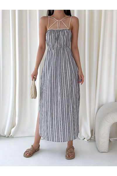 Stil Sepeti Women's Anthracite Striped Strap Collar Rope Detailed Elastic Waist Midi Linen Dress Tll-10047020
