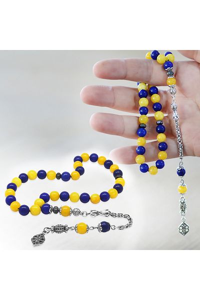 Tesbihane Tarnish-Free Metal Albanian Chain Tassel Sphere Cut Yellow Navy Blue Jade Natural Stone Fan Prayer Beads M1
