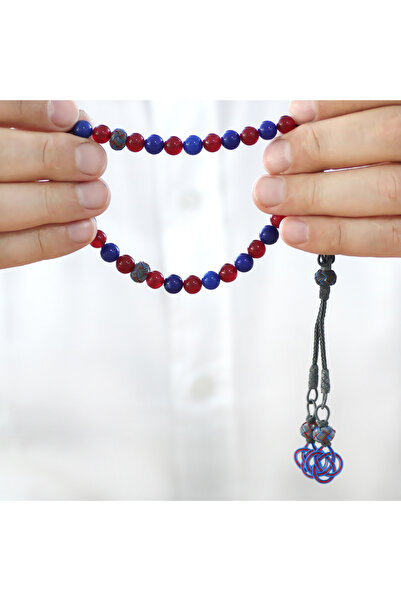 Tesbihane 1000 Sterling Silver Kazaz Tasseled Sphere Cut Claret Blue Jade Natural Stone Fan Prayer Beads