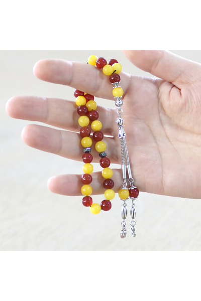 Tesbihane Kararmaz Metal Kişiye Özel Harf Püsküllü Küre Kesim Sarı Kırmızı Jade Akik Doğaltaş Taraftar Tesbih