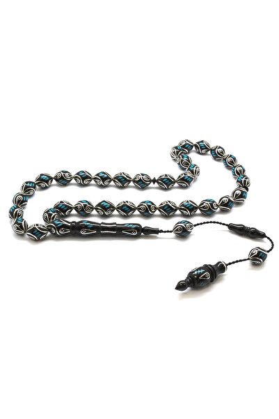 Tesbihane Special Premium Boxed Caliper Craftsmanship Silver Turquoise Embroidered Barley Cut Erzurum Oltu Stone Prayer Beads