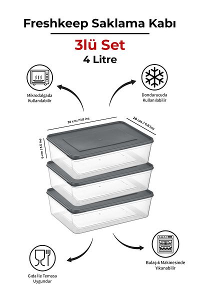 bizimevde 3-Piece Storage Container 4 Liter Deep Freezer Microwave Compatible
