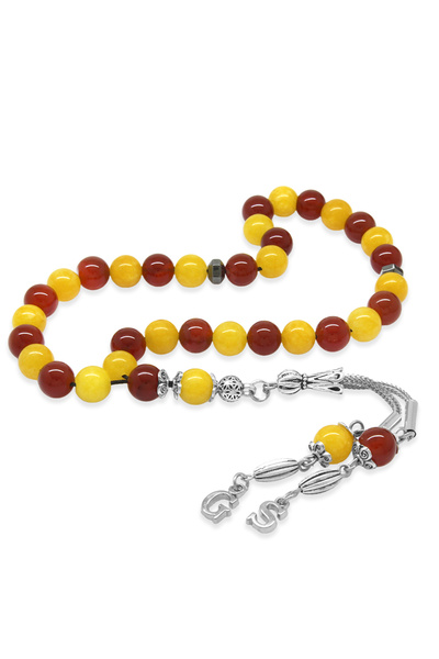 Tesbihane Kararmaz Metal Kişiye Özel Harf Püsküllü Küre Kesim Sarı Kırmızı Jade Akik Doğaltaş Taraftar Tesbih