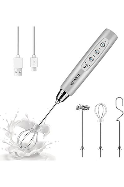 Generic YUSWKO Rechargeable Milk Frother Handheld with 3 Heads, Silver Coffee Electric Whisk Drink Foam Mixe