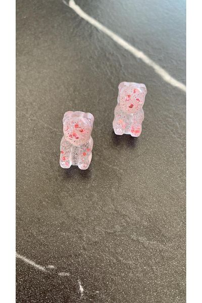 MISS GOLDEN Transparent Epoxy Pink Glitter Decorated Silver Accessory Teddy Bear Shape Earrings Handmade Gift