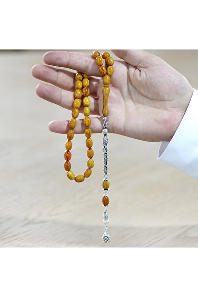 Tesbihane Καταλινικό ροζάριο από ασήμι 925 με αλυσίδα King Chain, φούντα και κρεμαστό κόσμημα με κομμένο μουσταρδί κίτρινο χρώμα