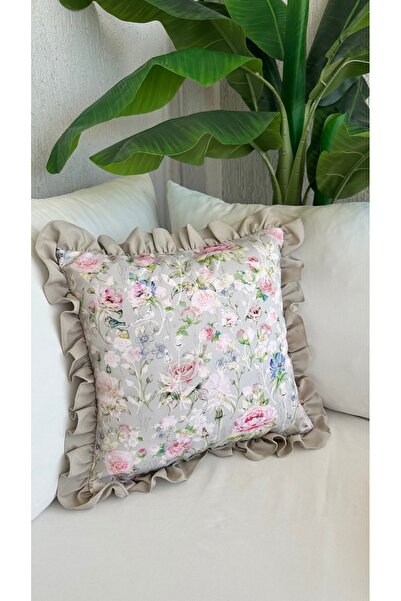 Decamor home Retro Rose Patterned Beige Ruffled Throw Pillow Cover 1Pc