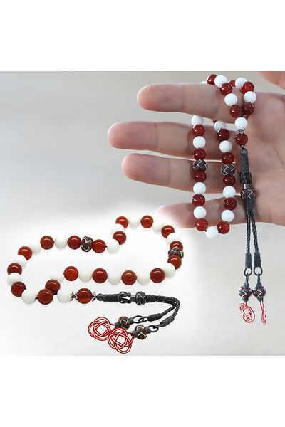 Tesbihane 1000 فضة كازاز شرابة قطع كروية أحمر أبيض اليشم العقيق الحجر الطبيعي مروحة المسبحة