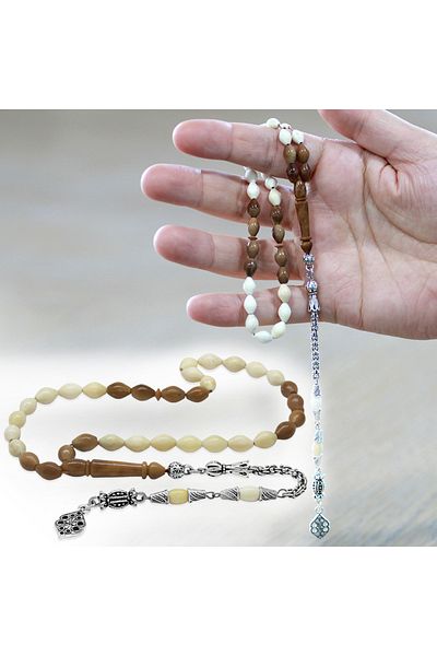 Tesbihane سلسلة معدنية متدلية من نوع Albanian Chain مع خرز من نوع Kuka Imameli Arpa Cut بلون طبيعي من عظمة الجمل