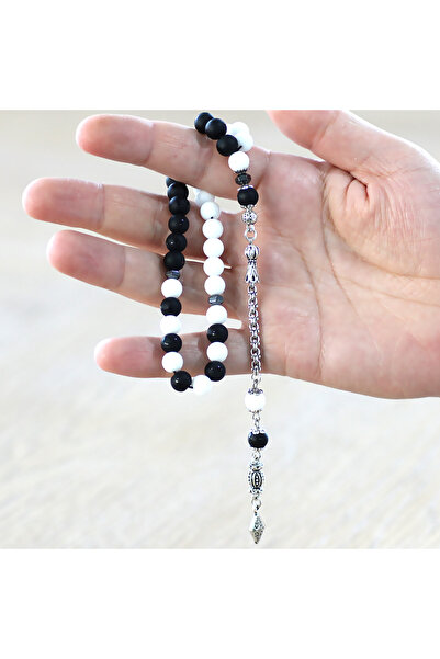 Tesbihane Non-Tarnish Metal Albanian Tassel Sphere Cut Black White Jade Moon Star Onyx Natural Stone Fan Prayer Beads M1