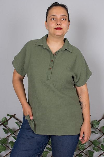 Truva XXL Shirt Collar 100% Cotton Muslin Fabric Buttoned Blouse Khaki – Breathable Comfortable Design