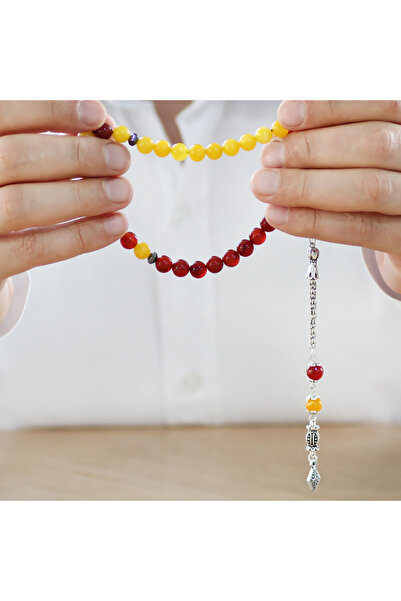 Tesbihane Tarnish Free Metal Albanian Chain with Tassel Sphere Cut Yellow Red Jade Agate Natural Stone Fan Prayer Beads M2