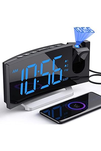 Generic ساعات منبهة لغرف النوم، ساعة منبه رقمية مع جهاز عرض قابل للدوران 180 درجة وراديو FM، تعتيم 0-100%
