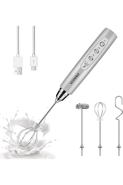 Generic YUSWKO Rechargeable Milk Frother Handheld with 3 Heads, Silver Coffee Electric Whisk Drink Foam Mixe