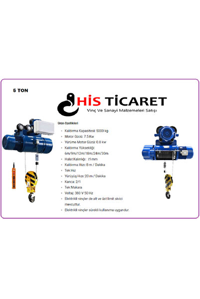 HİSTİCARET MONORAY 5 Ton 9 Metre 4 Haraketli Elektrikli Halatlı Vinç