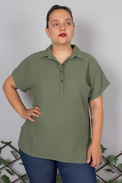 Truva XXL Shirt Collar 100% Cotton Muslin Fabric Buttoned Blouse Khaki – Breathable Comfortable Design
