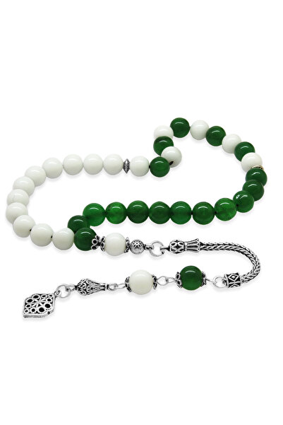 Tesbihane 925 проба срібла з бахромою, куля з зеленим і білим нефритом, натуральний камінь, чотки для вболівальників