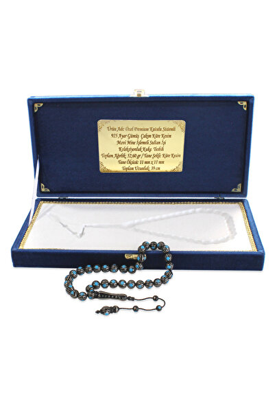 Tesbihane Premium Kutulu Sistemli 925 Ayar Gümüş Çakım Mavi Mine İşlemeli Sultan İşi Koleksiyonluk Kuka Tesbih