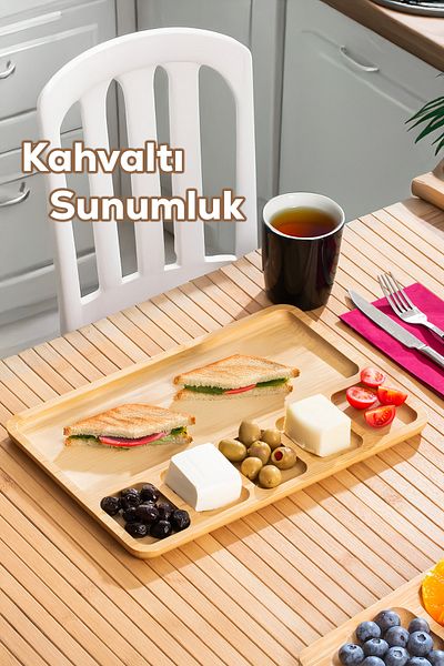 Porsima 2075 Wooden Bamboo Breakfast Presentation Plate 6 Compartment Breakfast Snack Plate 33X22Cm