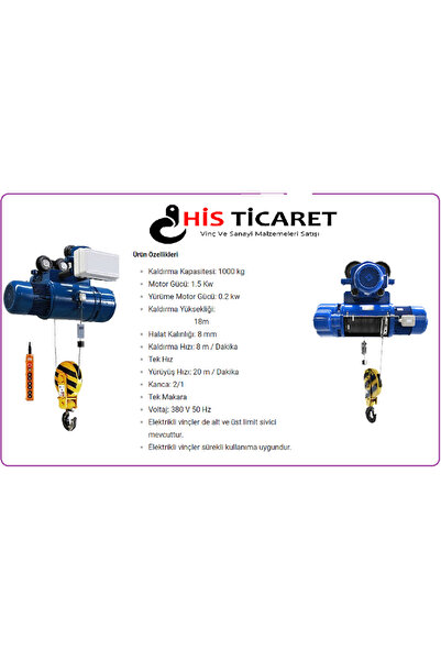 HİSTİCARET MONORAY 1 Ton 9 Metre 4 Haraketli Elektrikli Halatlı Vinç