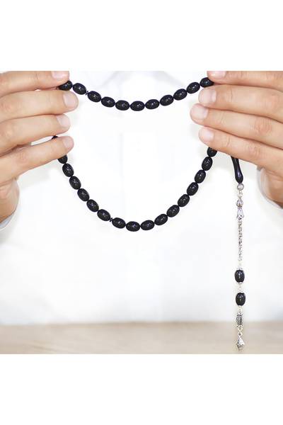 Tesbihane Non-Tarnish Metal Albanian Chain Tassel Pheasant Imame Beyzi Cut Black Catalin Prayer Beads