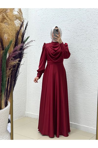 MİHRA STORE Rochie de seară din satin cu mărgele Orelenya-GE8112 Roșu