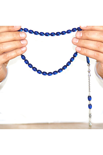 Tesbihane Non-Tarnish Metal Albanian Chain Tassel Pheasant Imame Beyzi Cut Navy Blue Catalin Prayer Beads