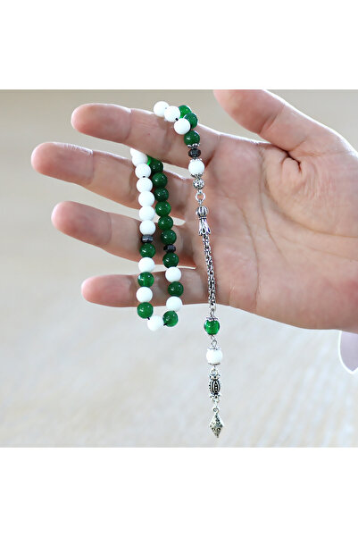 Tesbihane Tarnish Free Metal Albanian Chain Tassel Sphere Cut Green White Jade Natural Stone Fan Prayer Beads M2