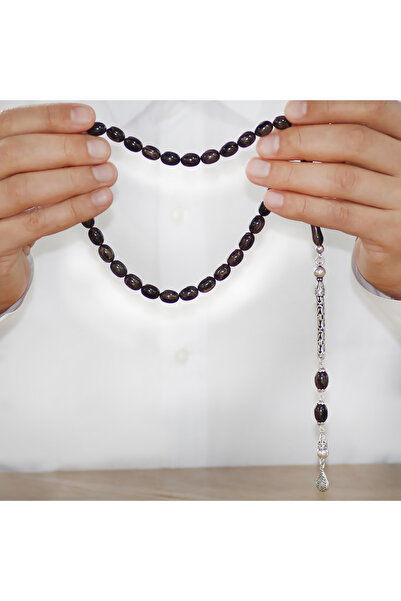 Tesbihane Ασημένια αλυσίδα 925 με φούντα από φασόλια ιμάμε Μίζι κομμένα σε γκρι - μαύρο καταλινικό ροζάριο