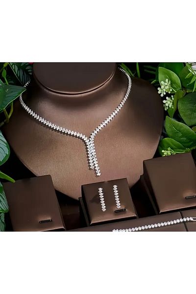 Manu Collection Women's Bridal Jewelry Set Silver Color Zircon Stone Special Series Vip Limited Edition