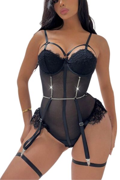 OEM Body Neglijeu Sexy cu Dantela si Lanturi, Negru, S