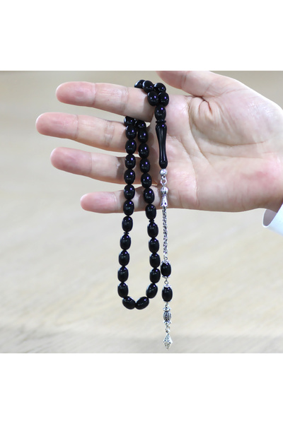 Tesbihane Non-Tarnish Metal Albanian Chain Tassel Pheasant Imame Beyzi Cut Black Catalin Prayer Beads