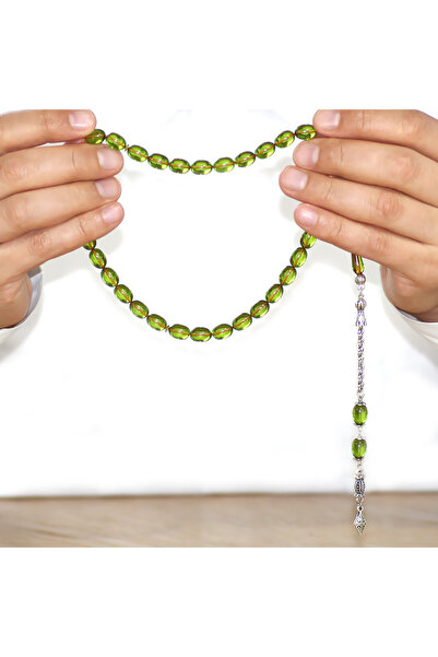 Tesbihane Non-Tarnish Metal Albanian Chain Tassel Pheasant Imame Beyzi Cut Green Catalin Prayer Beads