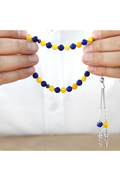 Tesbihane Kararmaz Metal Kişiye Özel Harf Püsküllü Küre Kesim Sarı Lacivert Jade Doğaltaş Taraftar Tesbih