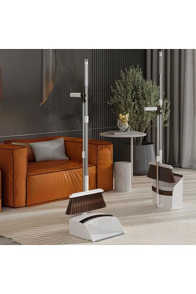 Deliny Folding broom and dustpan set, stainless steel handle, self-cleaning system, soft bristles, white