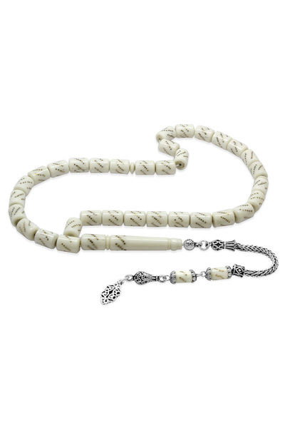 Tesbihane 925 Ayar Gümüş Püsküllü Kapsül Kesim Pirinç İşlemeli Deve Kemiği Tesbih