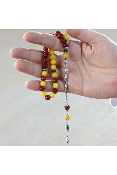 Tesbihane Tarnish Free Metal Albanian Chain with Tassel Sphere Cut Yellow Red Jade Agate Natural Stone Fan Prayer Beads M2