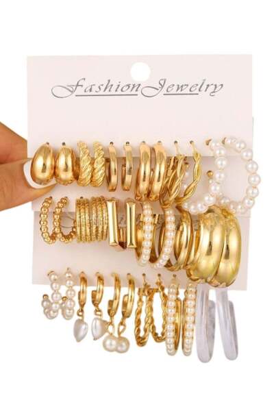 huitich طقم أقراط دائرية ذهبية اللون مرصعة باللؤلؤ من 18 قطعة